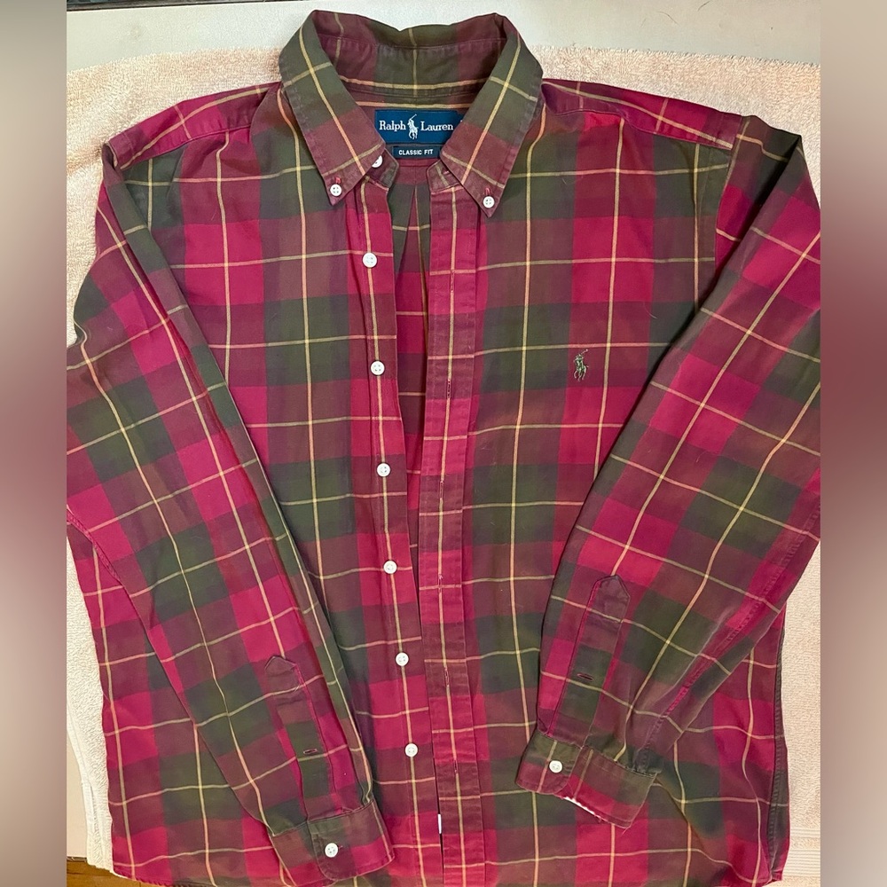 Red Green Plaid Cotton Button Down Casual‎ Ralph Lauren Shirt